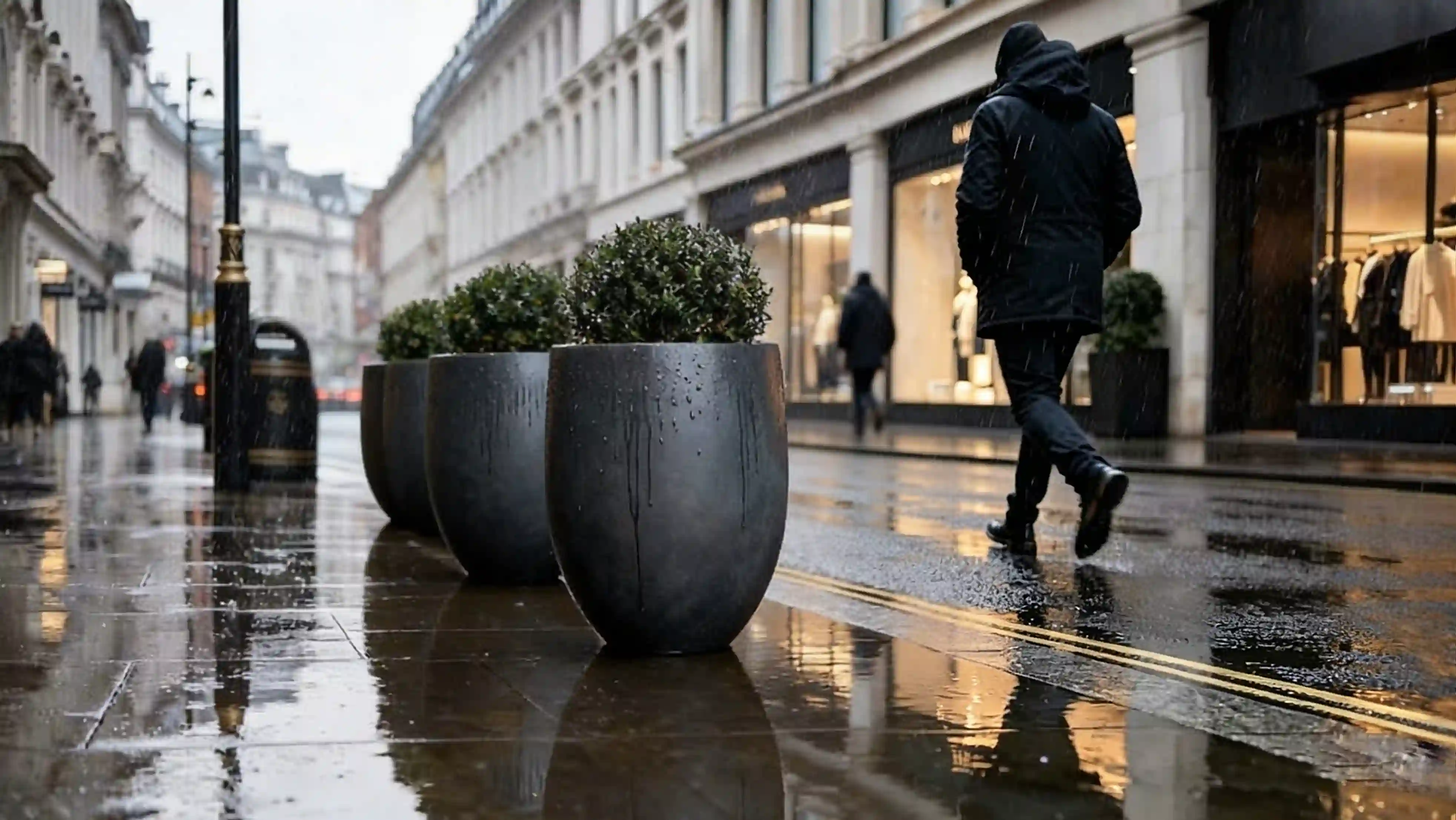 Outdoor concrete planters with drainage details for a rainy commercial landscape